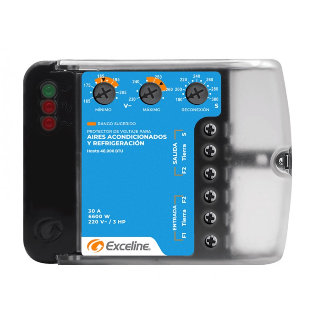 Protector para aires acondicionados 220V marca Exceline GSM-RB: protege tus equipos contra sobretensiones, cortocircuitos y picos de voltaje.