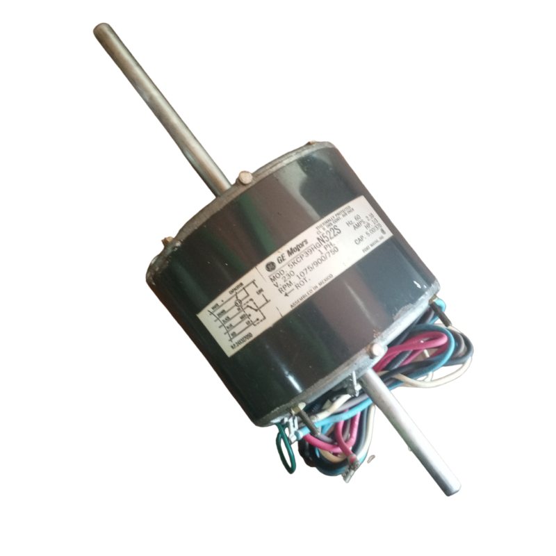 Motor ventilador para aire acondicionado doble eje 1/3 hp General Electric, ideal para sistemas HVAC, con alta eficiencia y compatibilidad en equipos de refrigeración.