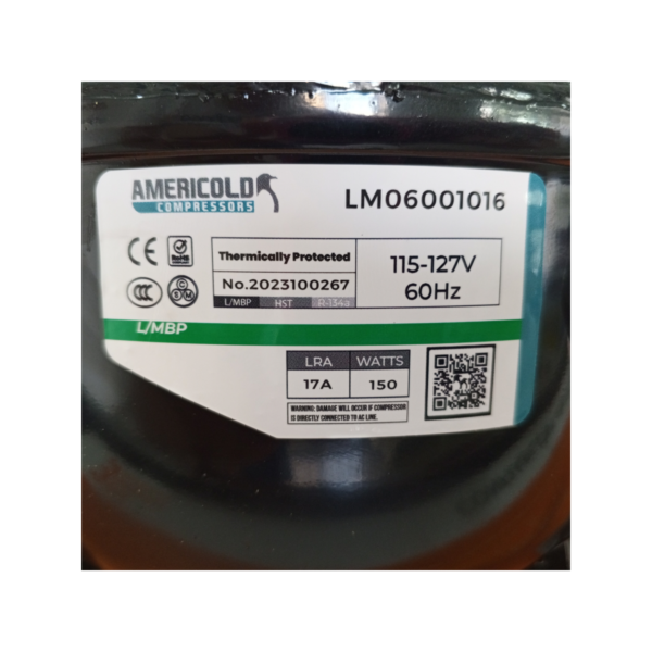 COMPRESOR AMERICOLD BAJA R134A 1/6 150 WATTS 511 BTU 115V - Imagen 3