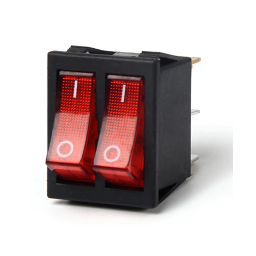 SWITCH CUADRADO 125V 10A 6 PIN DOBLE ON-OFF-ON-OFF ROJO KCD2-502