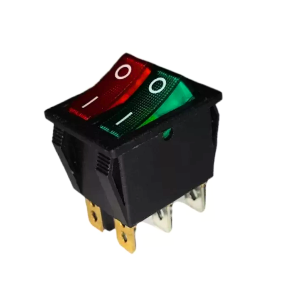 SWITCH CUADRADO 125V 20A 6 PIN DOBLE ON-OFF-ON-OFF ROJO + VERDE KCD4-202 MI