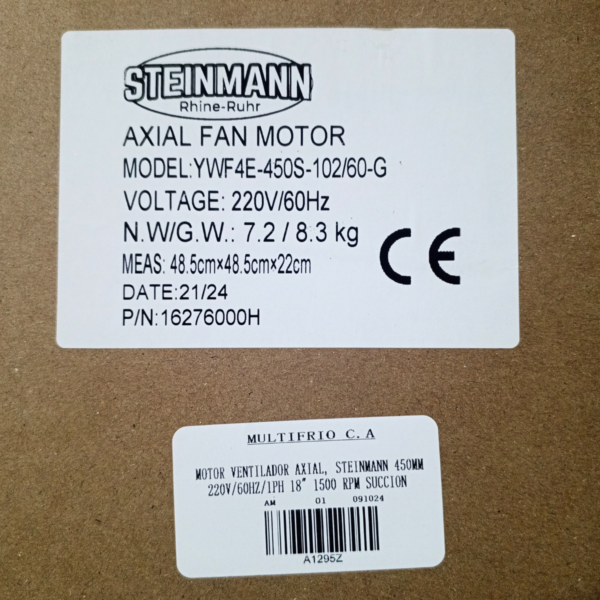 MOTOR VENTILADOR AXIAL, STEINMANN 450MM 220V/60HZ/1PH 18" 1500 RPM SUCCION - Imagen 5