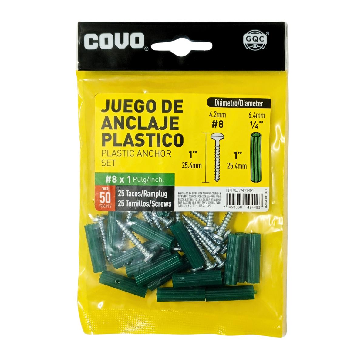 JUEGO DE ANCLAJE RAMPLUG VERDE 1/4 CON TORNILLO 8x1 PAQUETE 25 PIEZAS COVO