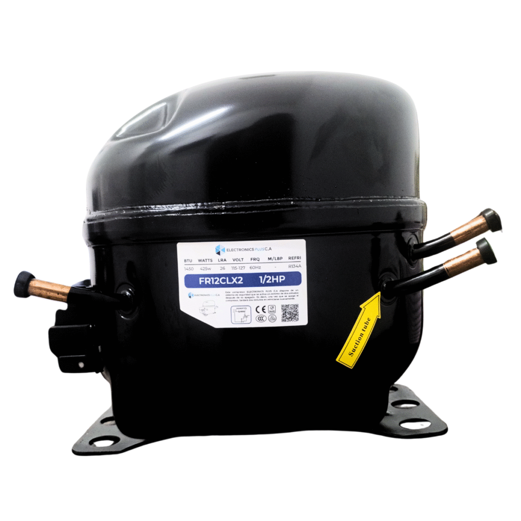 COMPRESOR NEVERA 1/2HP R134A, 110V/60HZ, L/MBP 425W 1450BTU FR12CLX2, MARCA FREEZE ELECTRONICS PLUS. CON ALTO RENDIMIENTO