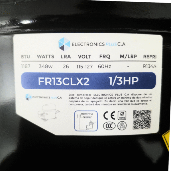 COMPRESOR NEVERA 1/3HP R134A 110V/60HZ, L/MBP 348W 1187BTU FR13CLX2 MARCA FREEZE - Imagen 3