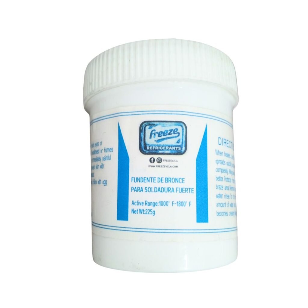 Fundente para soldadura de bronce 225g Freeze RF15B0010JS en pasta. Mejora la unión de metales no ferrosos con aplicación fácil y segura.