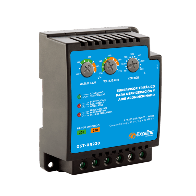 SUPERVISOR TRIFASICO PARA REFRIGERACION Y AIRE ACONDICIONADO EXCELINE 220V GST-RR220